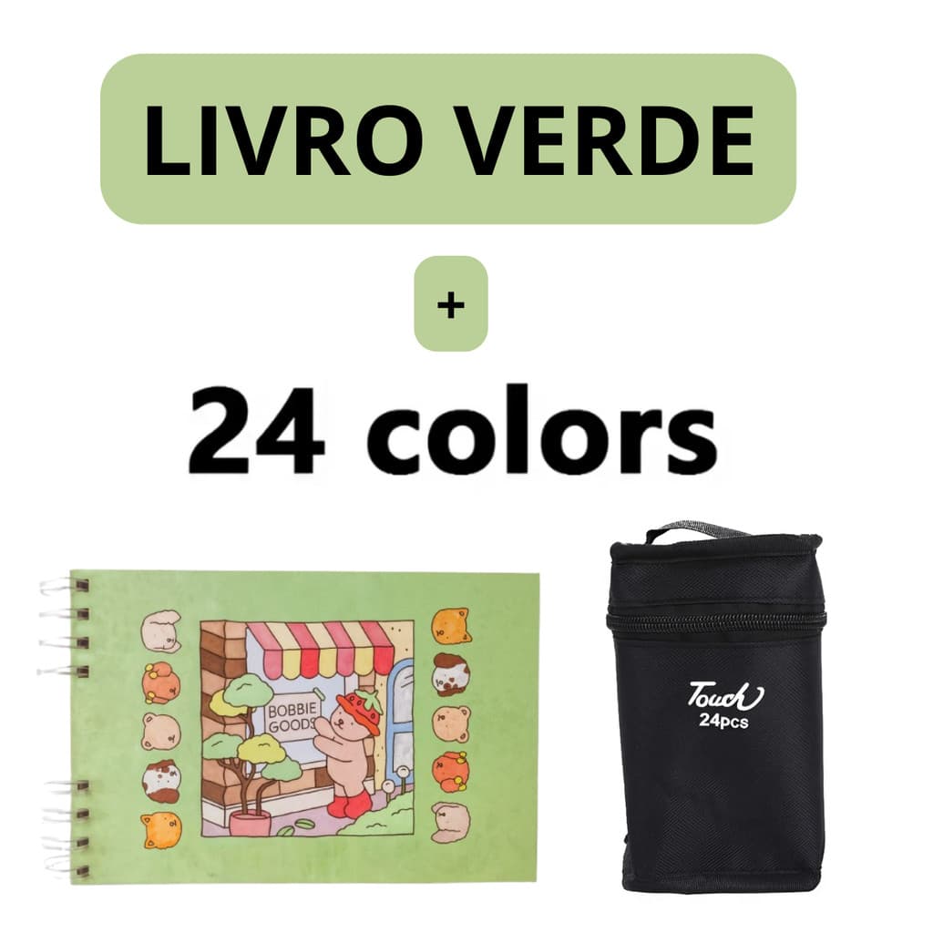 Kit Livro Colorir URSO BOB (Verde) + 24 Canetas