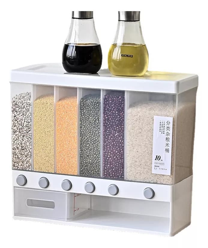 Dispenser de Cereais Parede Grande 6 Divisões - Organizador Porta Alimentos Grãos, Arroz e Feijão com Suporte