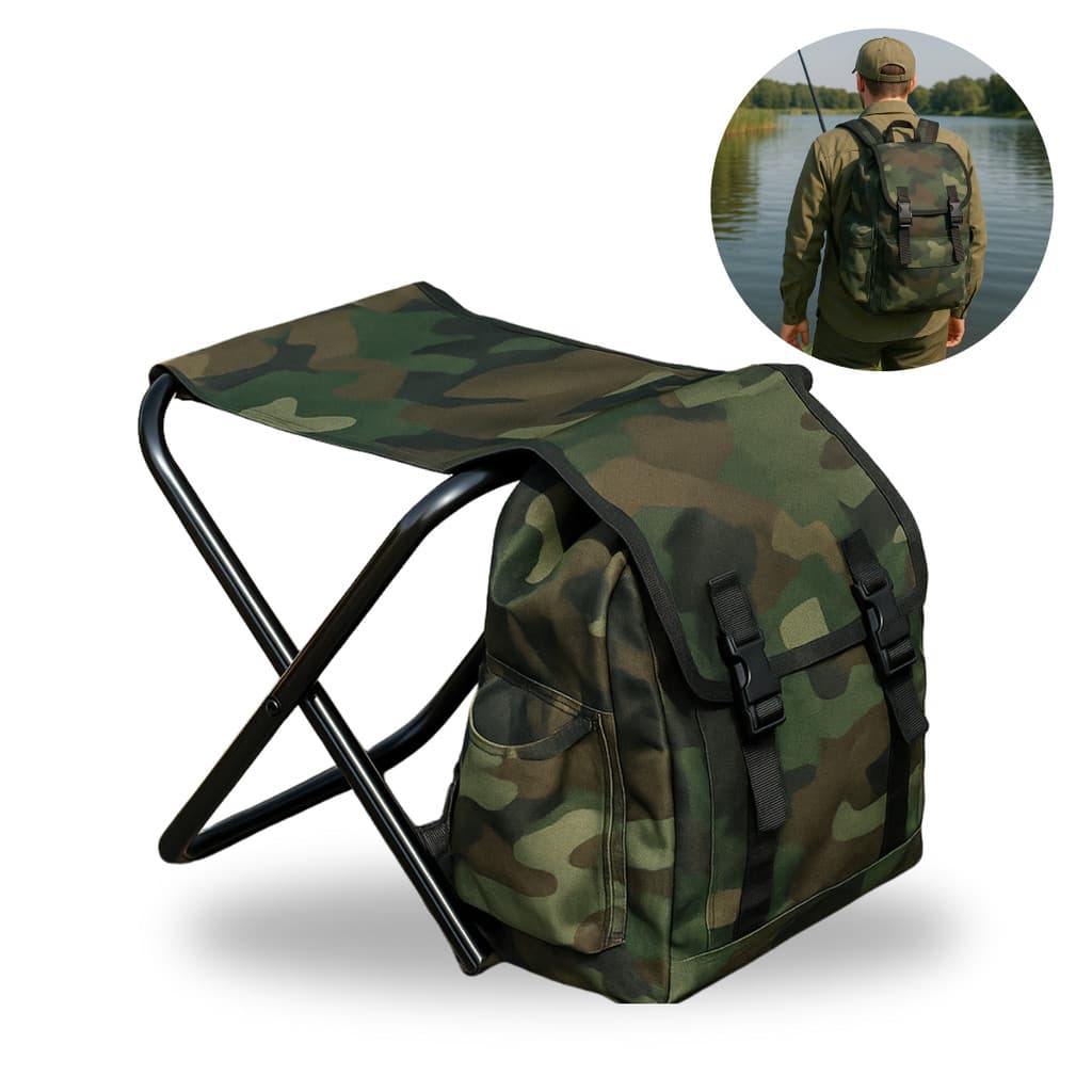 Cadeira Banqueta Vira Mochila Pesca Camping Dobrável + Bolsa