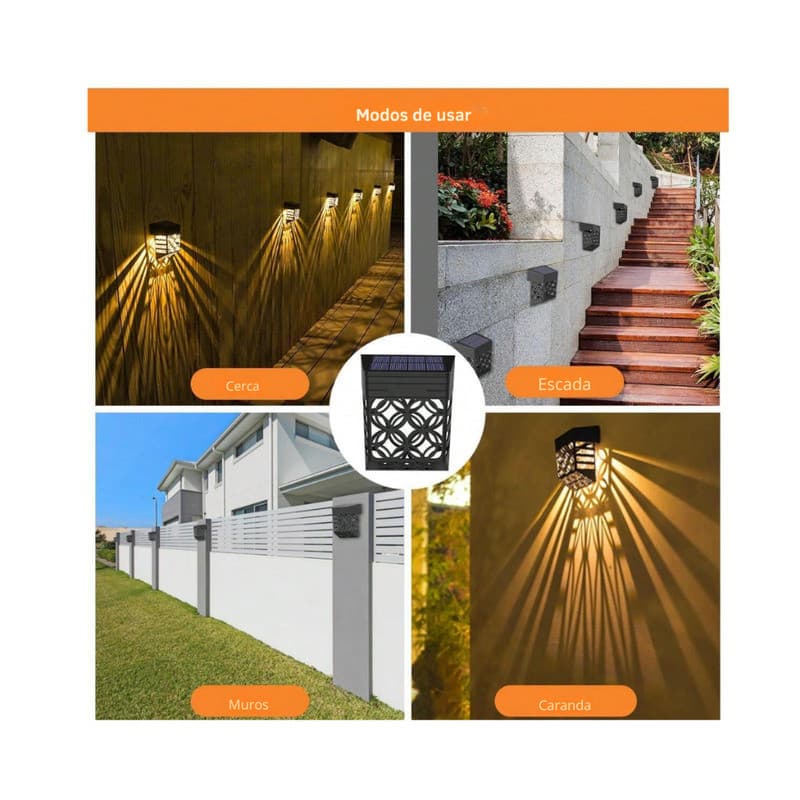 kit 4 Arandela Led Energia Solar Parede Externo Decoração Branco Quente 3000K Recarregável 7SEVEN