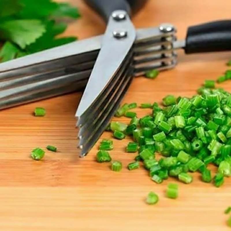 Tesoura de Cozinha 5 Lâminas INOX Cortar Ervas Salsinha Picador Rápido | Cabo Anatômico Segurança | Com Pente Limpeza