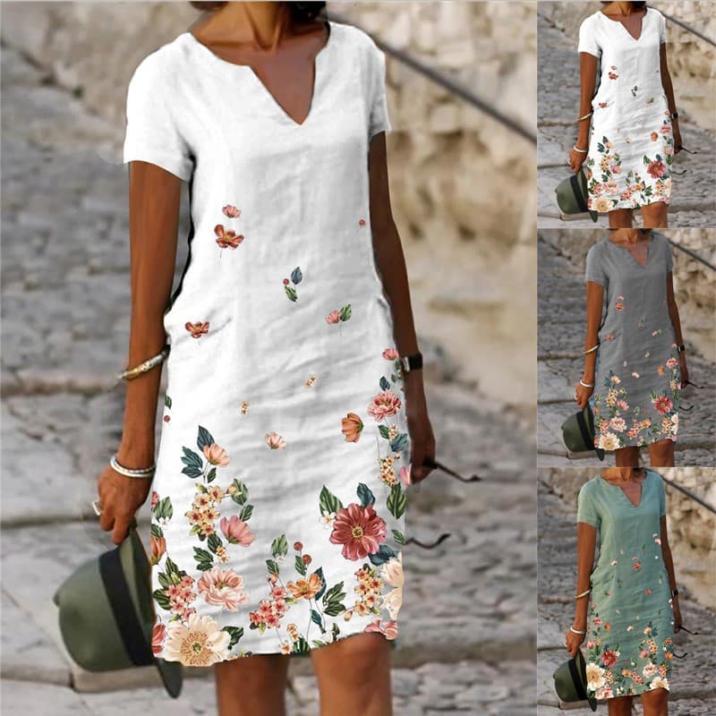 Fashion Flower Vestido de Linho de Algodão Estampado Mulher Casual de Manga Curta em V Vestido de Pescoço Solto Mulher