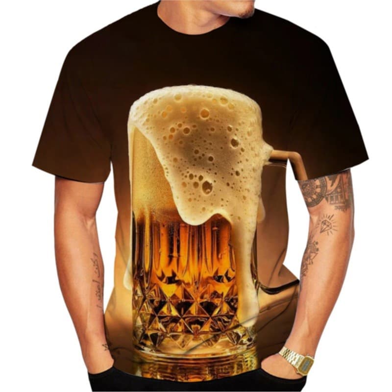 Camiseta Casual De Verão Solta Cerveja 3D Impressão Manga Curta Moda Masculina