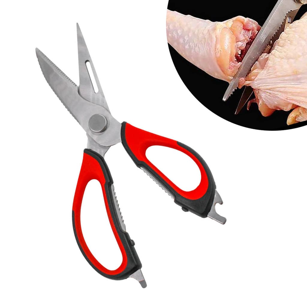 Tesoura Culinária Vermelha Para Casa e Cozinha 6 em 1: Corta Desossa Limpa Peixe Carne Frango