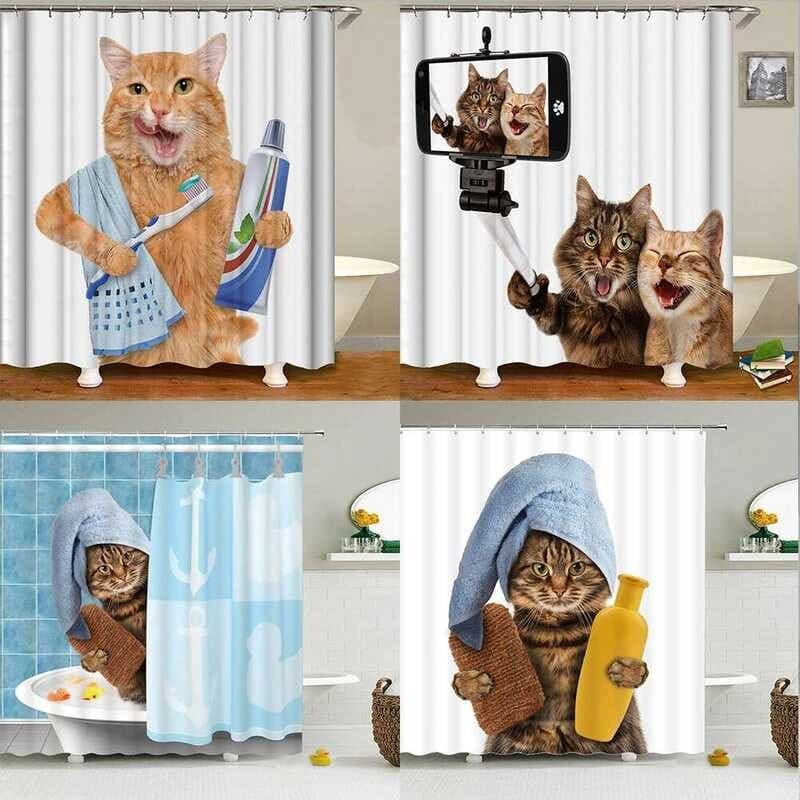 Cortina De Chuveiro De Poliéster À Prova D'água , Animal , Gato , Com Ganchos , Para Banheira , Telas De Banheiro , Deco