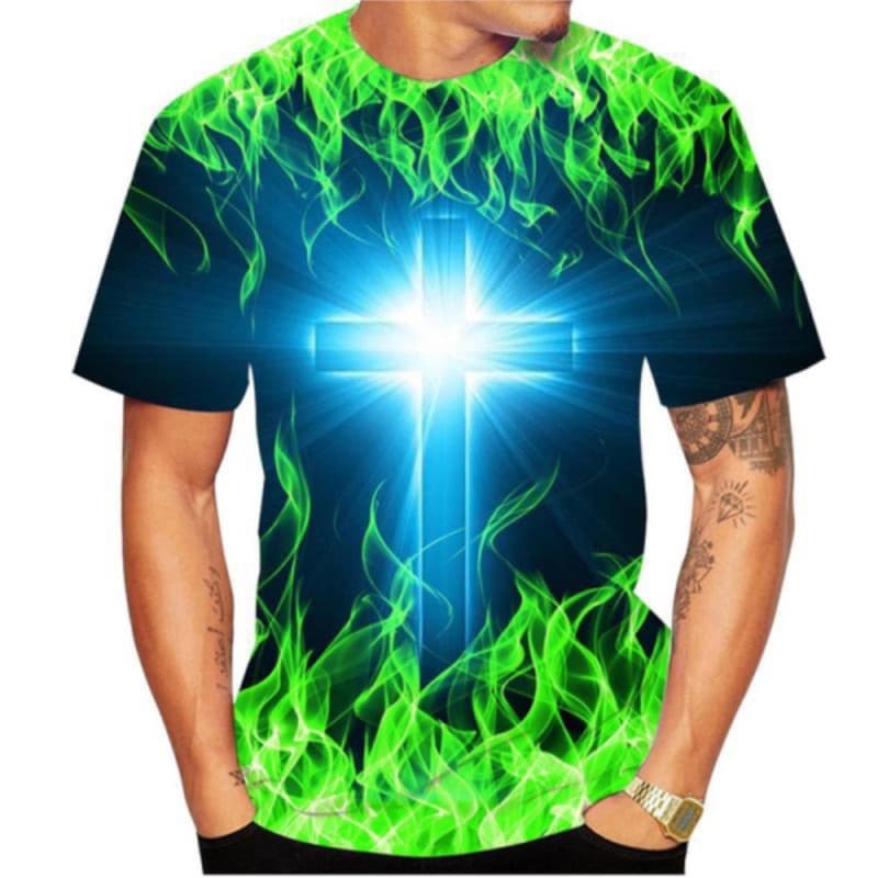 Chama De Verão Jesus Cross Camiseta Moda 3D Impressa De Pescoço Redondo