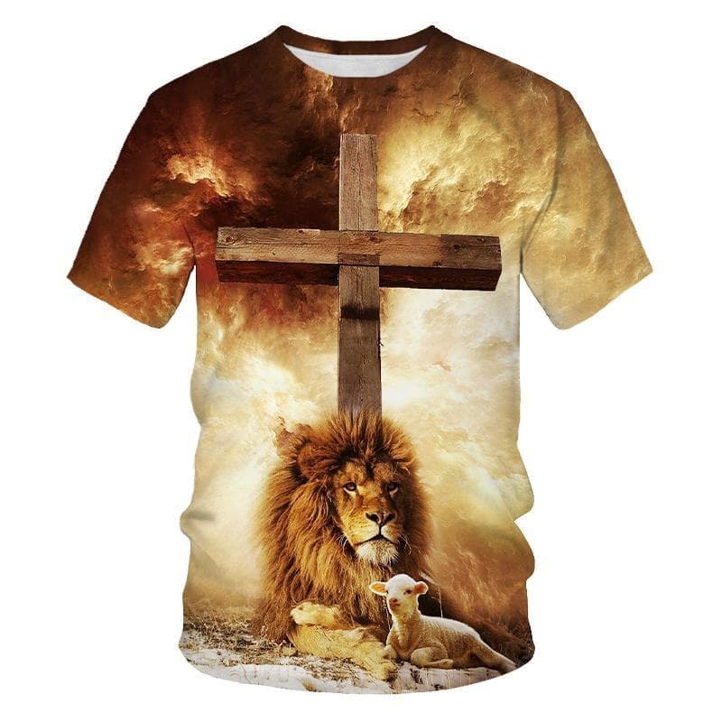 Camiseta Cristã De Verão Com Novo Padrão De Leão Cruzado Estampada Em 3D Da Moda Para Homens