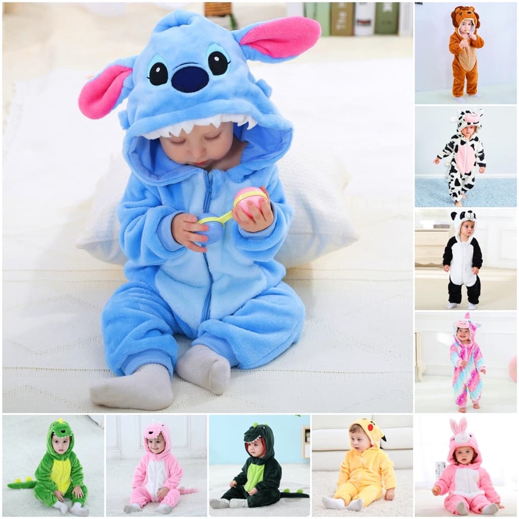 Baby Kigurumi Stitch Lion Cow Panda Dinossauro Cartoon Romper Infantil Kids Jumpsuit Meninas Cosplay Pijamas Fantasias