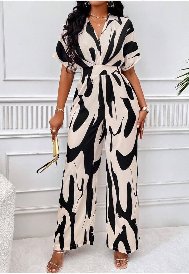 Elegante Macacão Feminino De Perna Larga Moda Primavera Verão V Pescoço Curto Manga Alta Cintura Inteira Impressão De Casual One Pieces