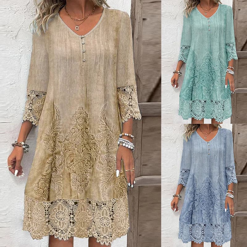 Primavera outono cor sólida vestido de renda senhoras Casual solto vestido de comprimento médio