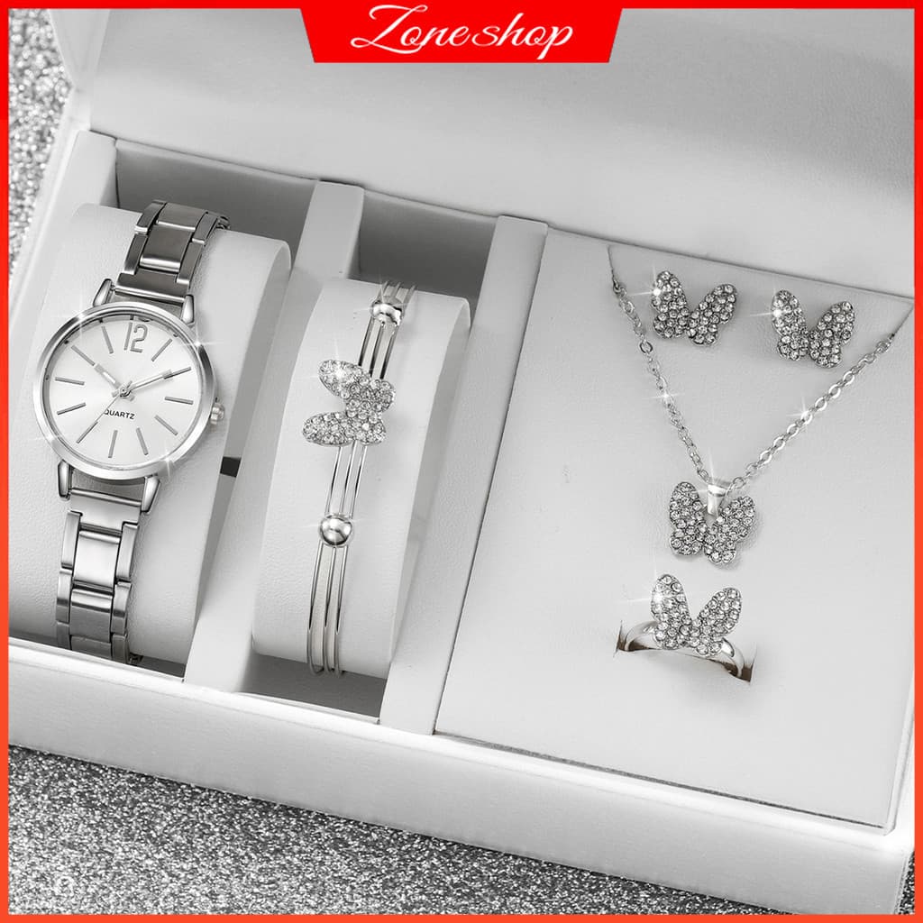 Relógio Mulher Moda Faixa De Aço Inoxidável Prata Cor De Quartzo Conjunto De Jóias Rhinestone