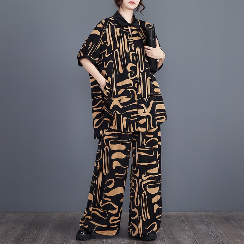 Oladivi Plus Size Moda Feminina Impresso Conjuntos De Duas Peças Verão Casual Camisa Solta Calças Ternos Roupas De Grand