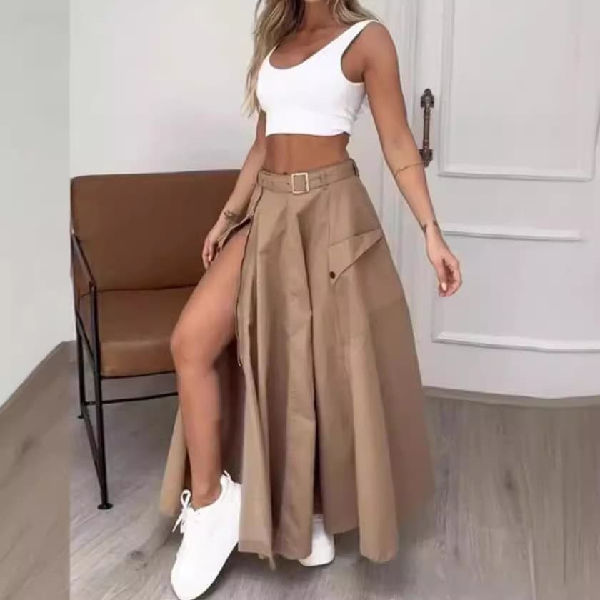 Moda Feminina Sólida Casual Saia Longa Cintura Alta De Verão Com Zíper De Primavera Decoração Cintos Multi Bolsos Maxi Fenda