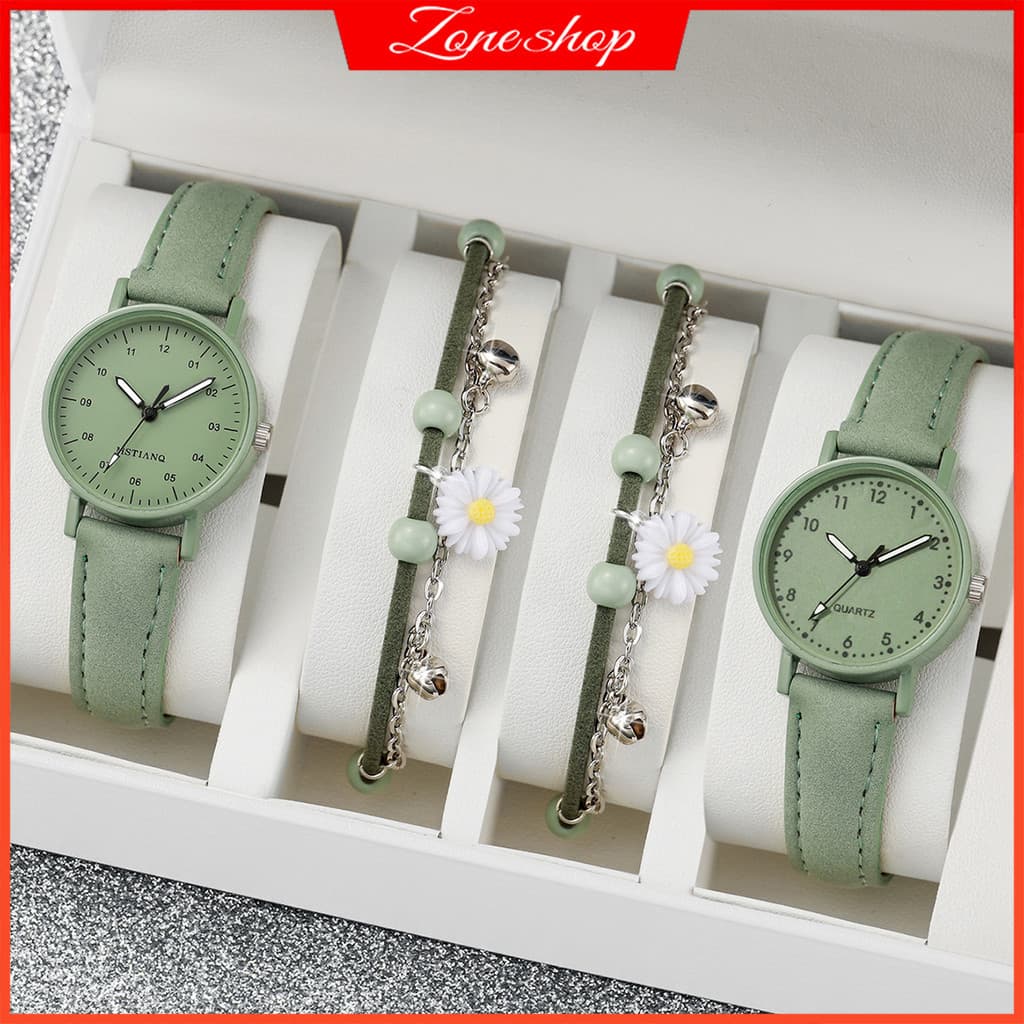 Relógio De Moda Feminino Conjunto Gêmeos De Couro Verde Pulseira Margarida 4PCS
