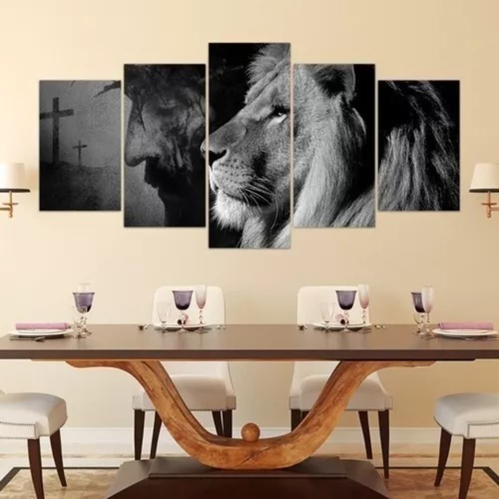 Quadros Decorativos Leão De Judá Jesus Cristo Cruz Preto e B