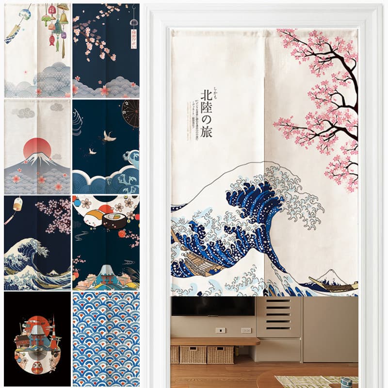 Cortina De Linho Japonesa Noren Mount Fuji Waves Divisória Quarto Cozinha Entrada Decoração Meia-Personalizável