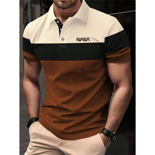 Manfinity Mode Camisa masculina de cor sólida com estampa de letras e gola de manga curta, roupa diária Casual