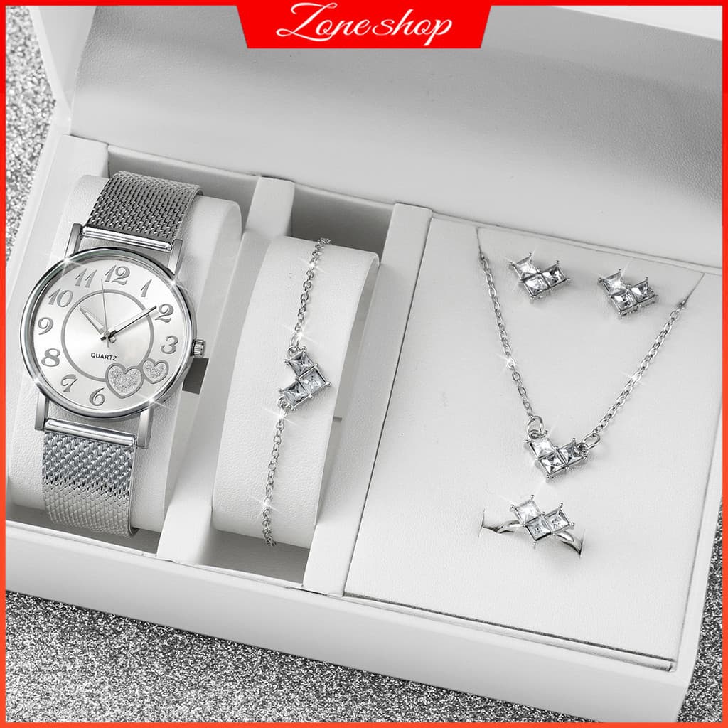 Mulher Relógio Conjunto De Jóias Elegante Rhinestone Colar De Anel De Diamante Brincos Para Esposa Meninas Presente