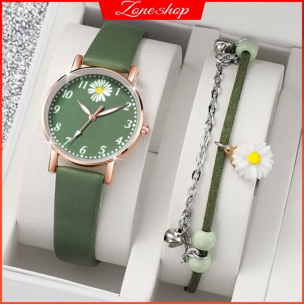 Relógio Zoneshop Mulher Causal Verde Flor Dail Leather Strap Quarte