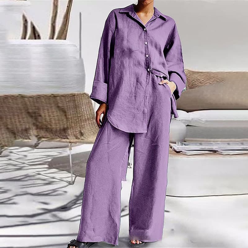 Conjunto De Camisa Sólida Moda Feminina Mola De Linho De Algodão De Manga Longa E Calça Elástica De Cintura Larga Duas Peças
