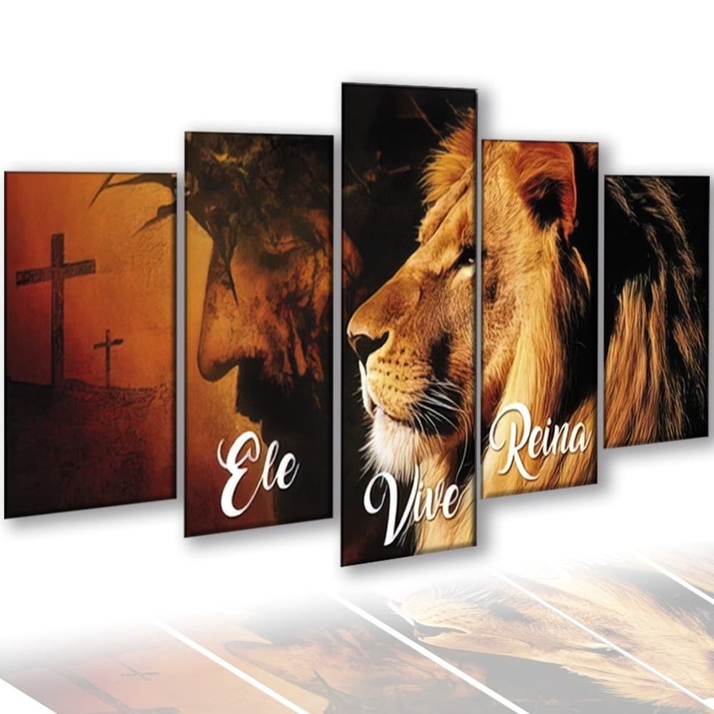 Quadro Decorativo Leão De Judá Ele Vive e Reina Jesus Cristo Cruz Mosaico 5 peças