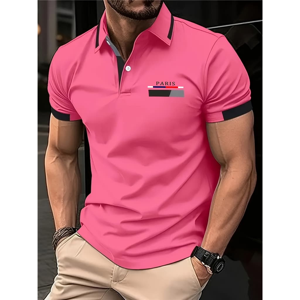 Camisa Masculina De Verão RED SPY – Manga Curta Casual , Botões Com Estampa De Ícone Parisiense , 100 % Poliéster