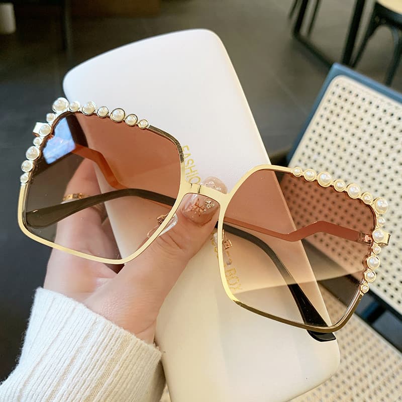 Óculos de Sol Femininos de Pérolas, Estilo Fashion, Quadrados, Grandes, para Senhoras