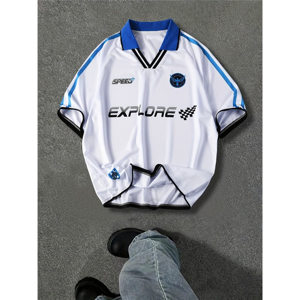 Camisa Polo Esportiva Masculina Elegante E Solta-Branca Com Detalhes Azuis Pretos , Gráfico " EXPLORE " , Tecido De Malh