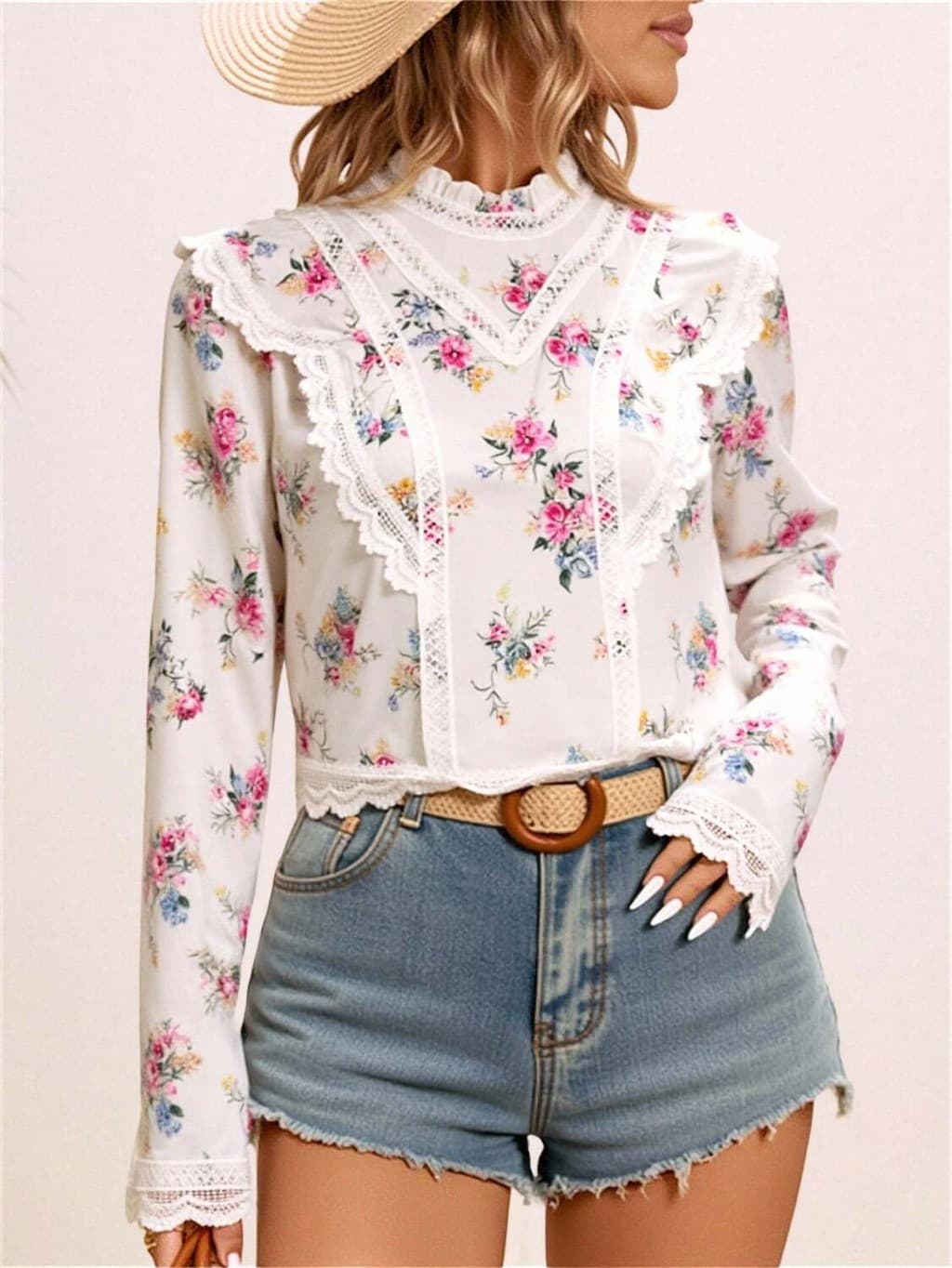 Blusa feminina Manga Longa Florida / Com Babado / Detalhes Em grupir/Yi1277