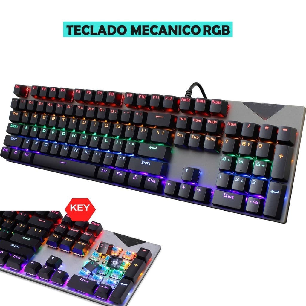 Teclado Mecânico Rgb 7 Cores Gamer ABNT2 Switch Blue Anti Ghosting Usb Pc Computador Kan ley-2081