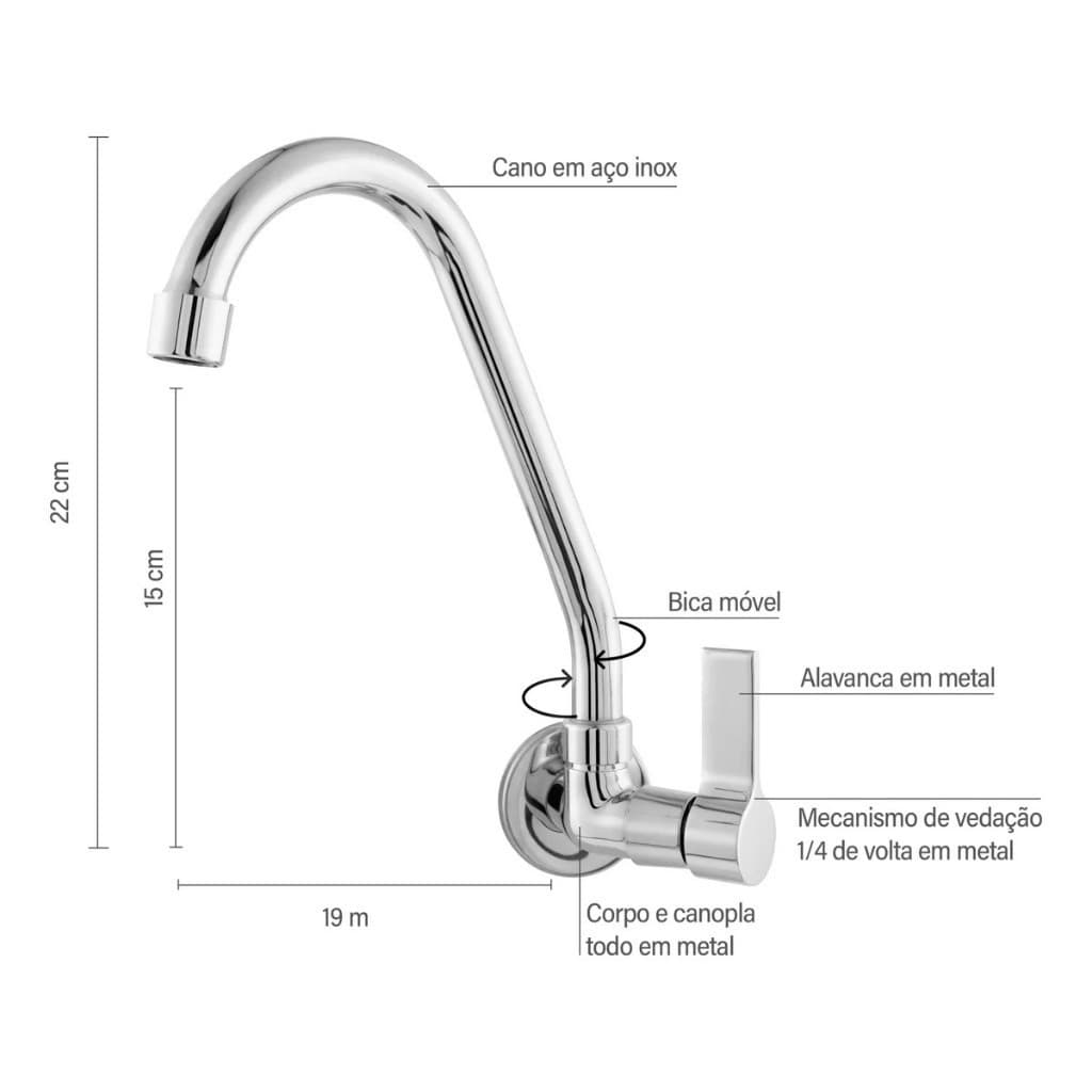 Torneira Metal para Cozinha Parede Bico Móvel