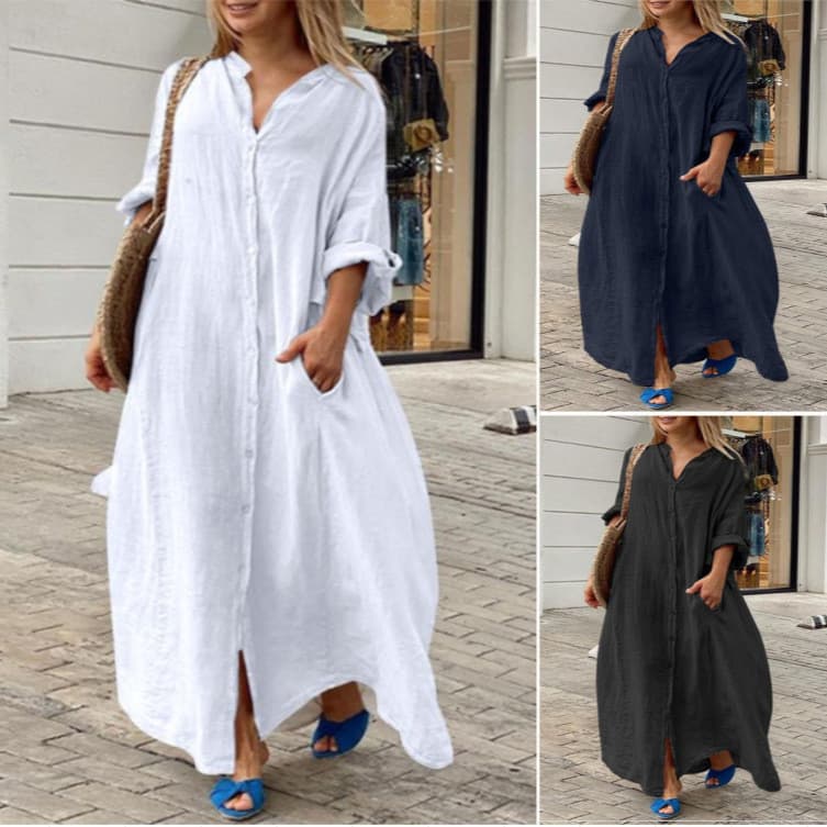 Casual bolso camisa gola vestido longo senhoras algodão linho Plus Size vestido primavera outono manga longa camisa vest