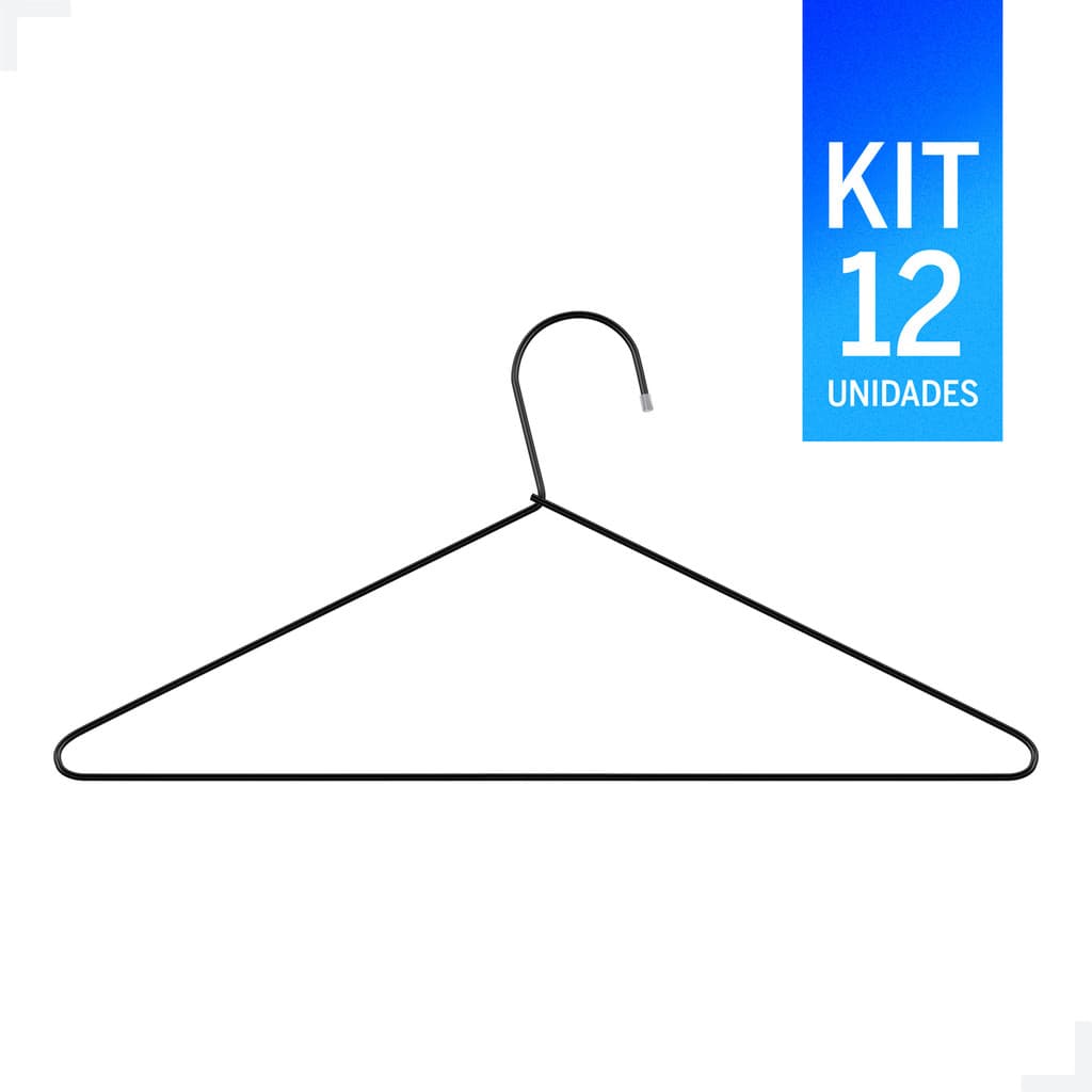 Cabide Tintureiro sem Cava Preto Kit com 12 unidades