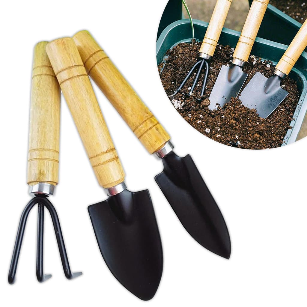 Kit Jardinagem Mini 3 Peças | Ferramentas Jardim Pequeno | Pá P + Pá M + Ancinho