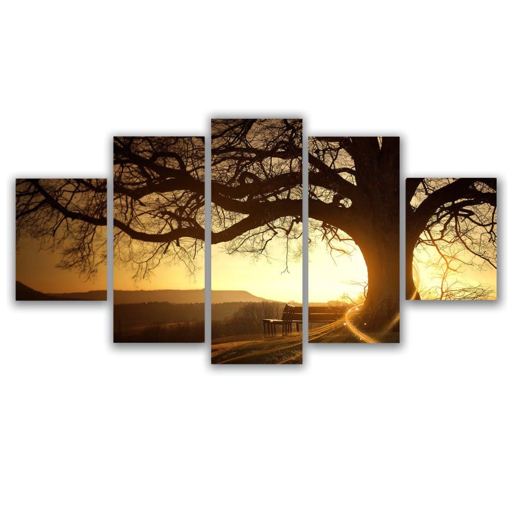 Quadros Decorativos sala Árvore da Vida entardecer Sol Leve