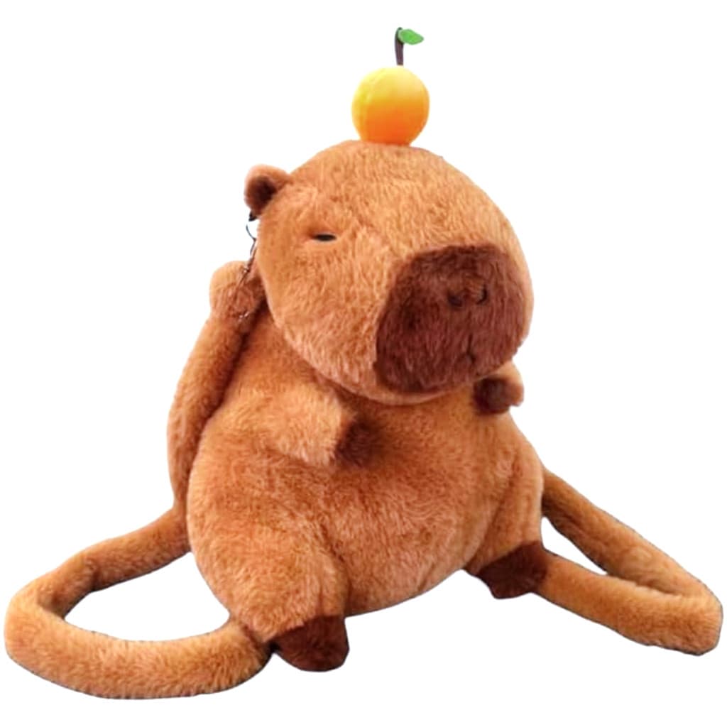 MOCHILA DE PELÚCIA MÉDIA - Estilo Capivara com Zíper e Fruta na Cabeça