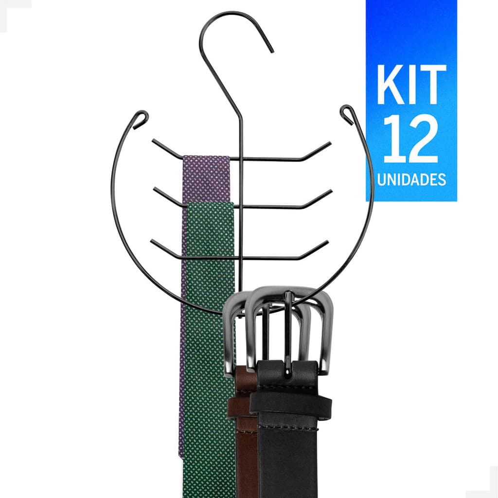 Cabide Suporte Cinto e Gravata Preto Kit com 12 unidades
