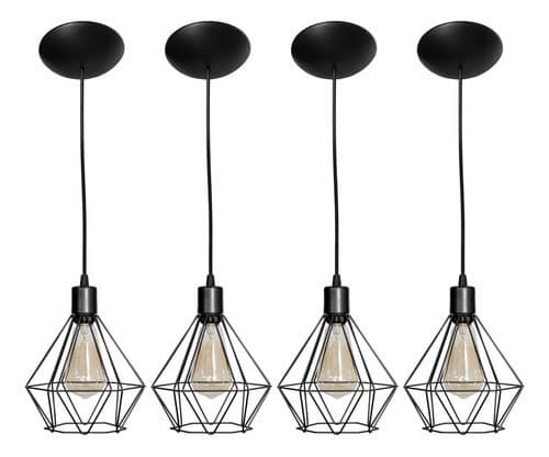 Kit 4 Luminária  Teto Pendente Aramado Diamante Preto Cabo Preto  Iluminação- Design- Decoração