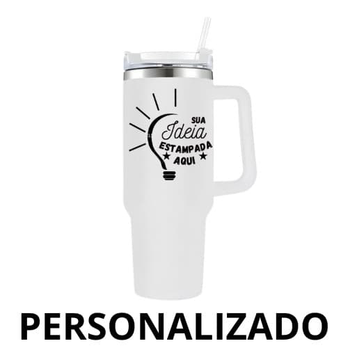 Personalizado - Copo Caneca (1200 ml) Térmica Inox com Alça e Canudo - Branco