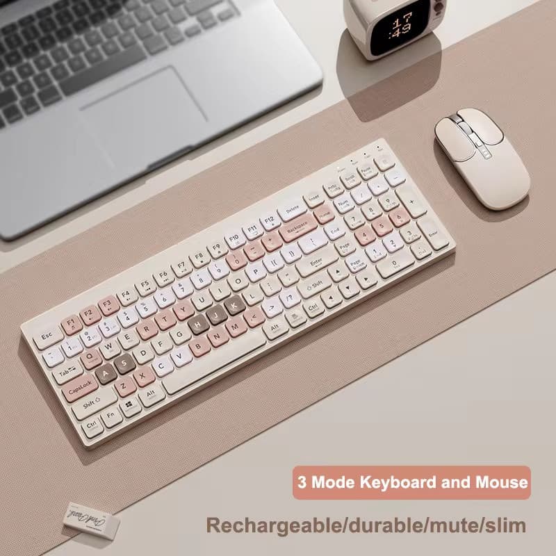 Combinação De Teclado E Mouse Óptico Sem Fio Recarregável Silencioso Ergonômico Multi Dispositivo 3 Modos Bluetooth 2.4G
