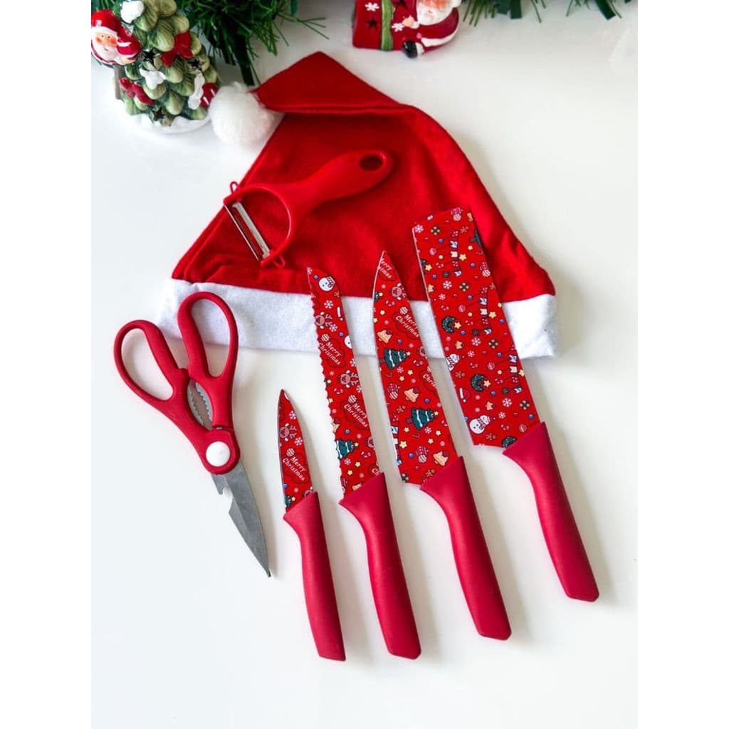 Kit de Facas Natalinas 6 Peças - Adicione Sofisticação e Temática Festiva à Sua Cozinha e Mesa de Natal Leve