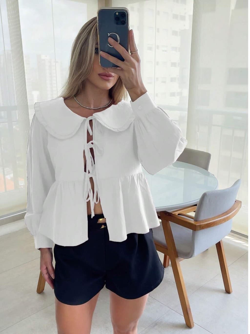 Camisa de Linho/ Com Gola e Amarração na Frente S2136