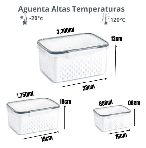Conjunto de s Organizadores com 3 potes Herméticos De Geladeira para frutas, alimentos inclui Cesto tampa BM-F1040