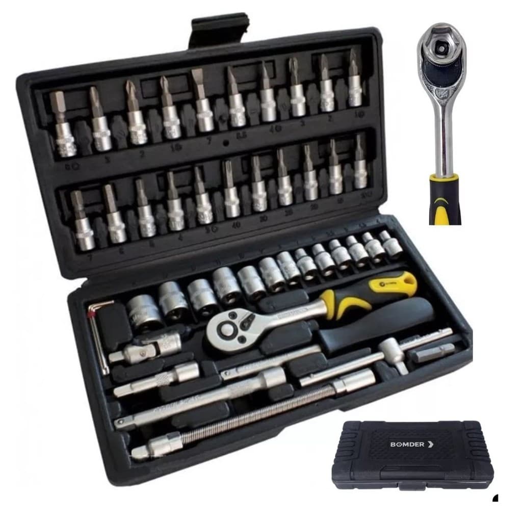 Kit  De Ferramentas 46 Peças Jogo De Soquetes Chave Catraca Reversível Com Maleta Jogo BOMDER Completo Profissional