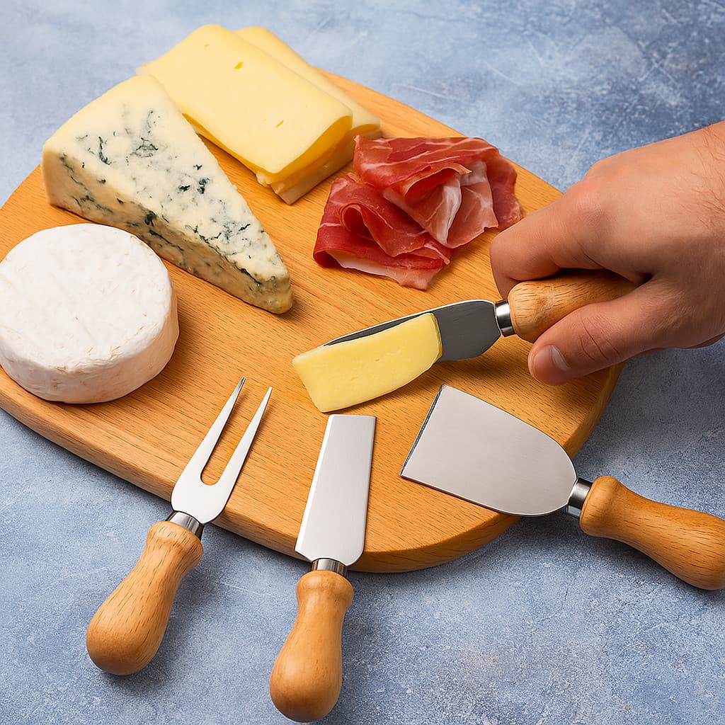 Conjunto de Facas para Queijo 4 Peças - Aço Inox e Cabo de Madeira | Kit Gourmet Tábua de Frios e Aperitivos