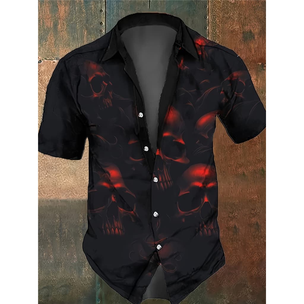 Camisa Masculina De Manga Curta Com Estampa De Caveira De Halloween – Preta Gráfico Vermelho E Laranja , 100 % Poliéster