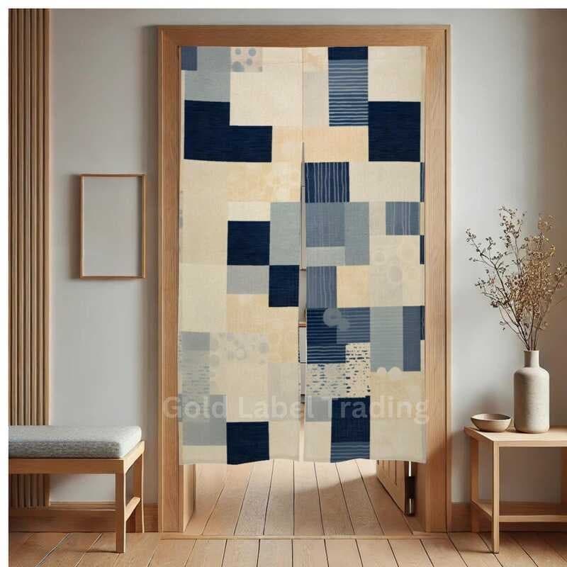 Cortina Noren Japonesa Abstrata-Design Geométrico Light Indigo E Bege | Decoração De Casa Tradicional Moderna Divisor De