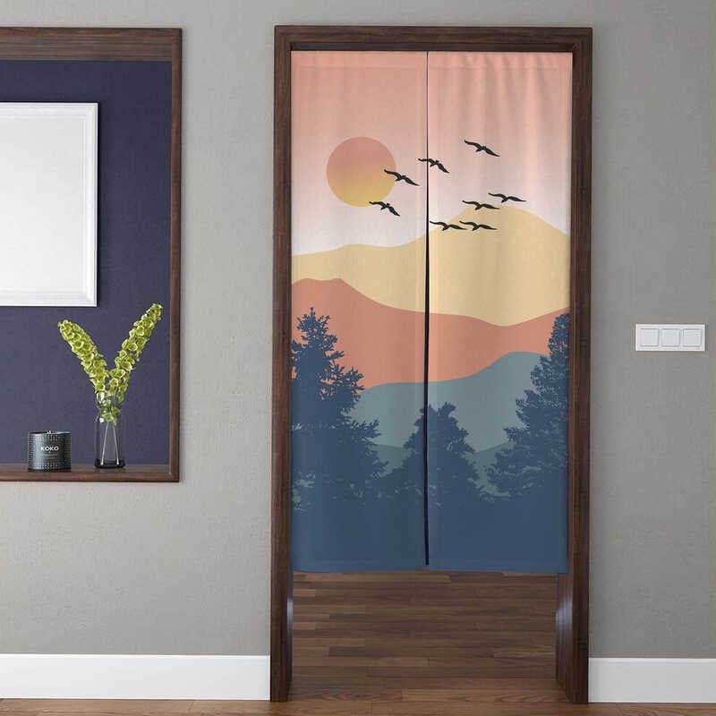 Floresta Noren Porta Cortina Bohemia Arte Pôr Do Sol Pássaro Madeiras Padrão De Para Cozinha Divisória Quarto Privacidad