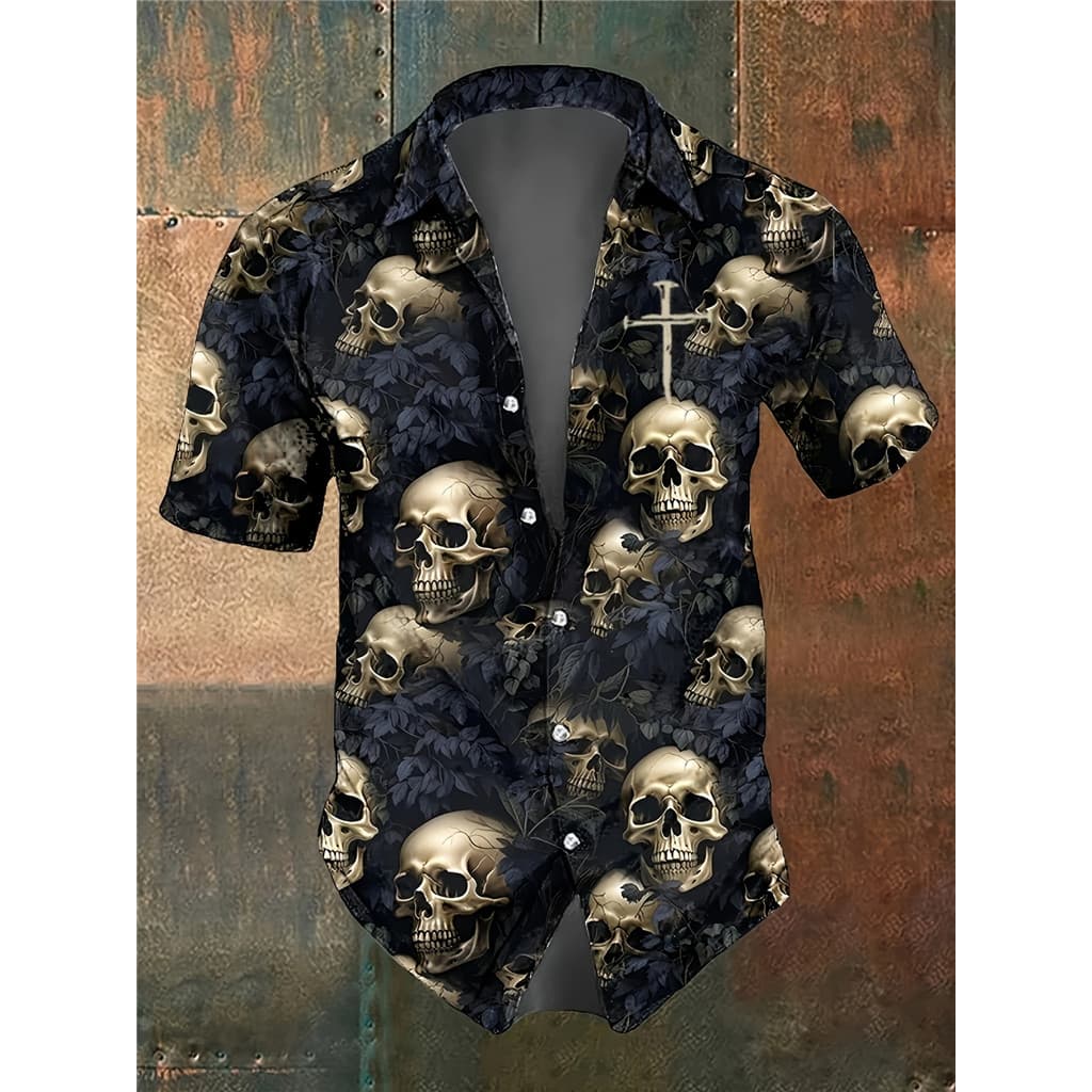 Camisa Casual Com Estampa De Caveira De Halloween , 100 % Poliéster , Tecido , Top Fashion Para Festa Adulta – Padrão Cr