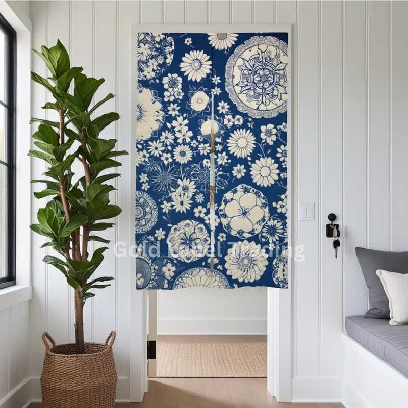 Luz Japonesa Índigo Noren , Cortina De Porta Com Padrão Floral Misto Japonês Para Decoração De Casa , Suspensão De Pared